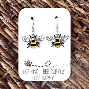 New Handmade "Bee Kind-Bee Curious-Bee Happy" Silver-Tone Bee Dangle Earrings